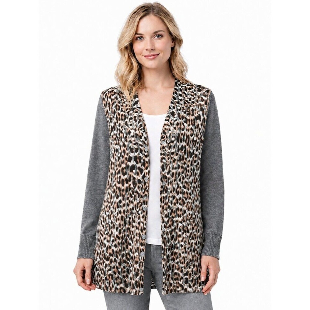 Chico’s Peyton Long Line Bejeweled Leopard Print Cardigan Size 1 (8)